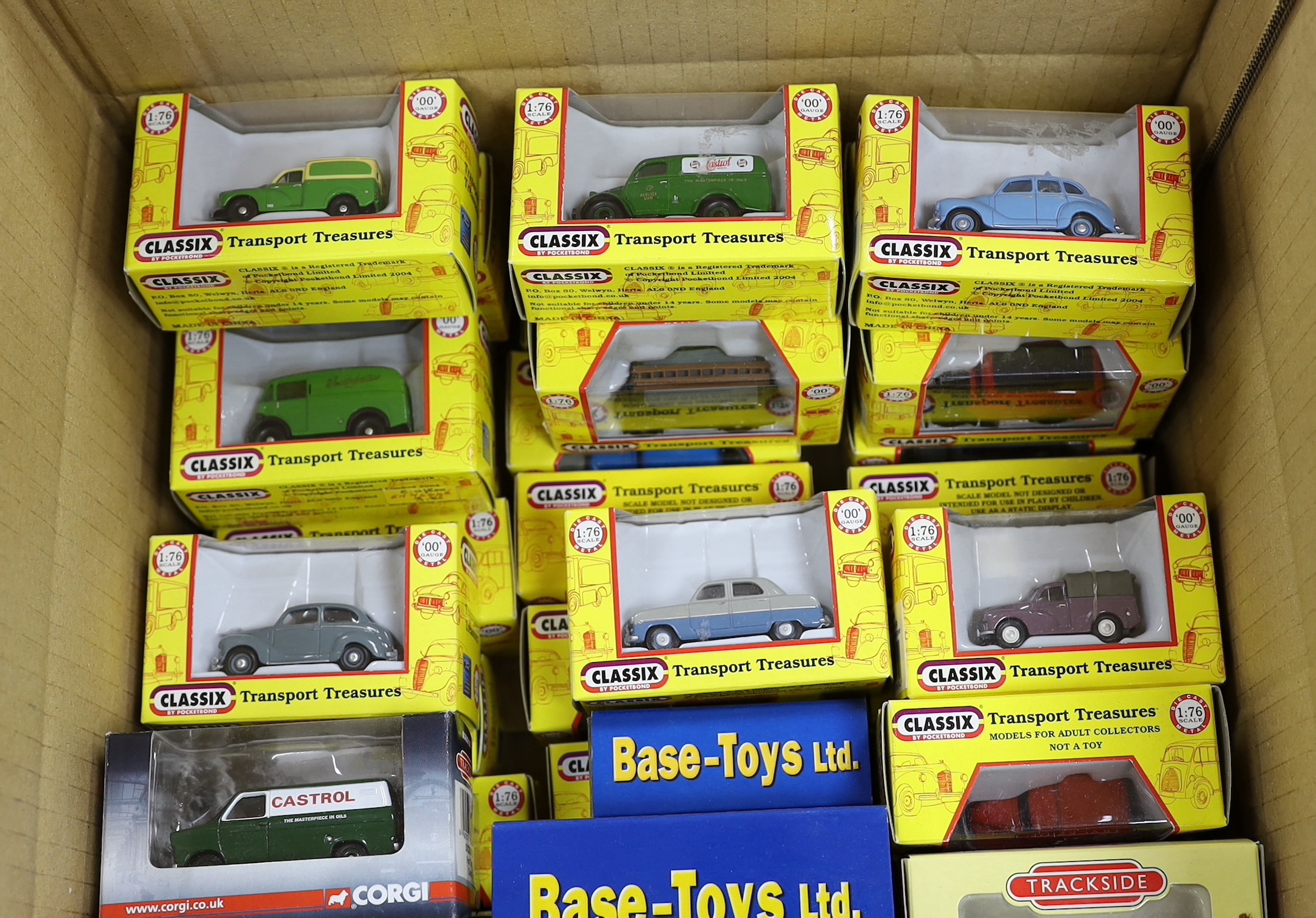 Two boxes of diecast vehicles including 48 boxed 00 gauge 1:76 scale vehicles by Classix, Corgi Trackside and Base Toys including 1960s-80s cars and light commercial vehicles